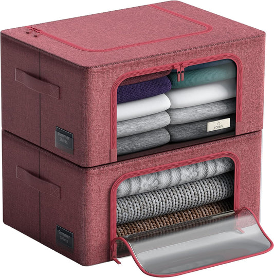 Sorbus Storage Bins with Metal Frame - Stackable & Foldable Clothes Organizer Bags - Oxford Fabric Storage Containers with Large Clear Window & Carry Handles, Bedroom Organization for Bedding & Linen