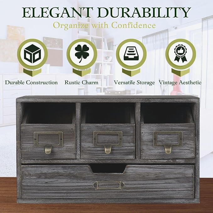 Flexzion Apothecary Cabinet with 4 Drawers - Vintage Rustic Wood Desktop Organizer for Home & Office Supplies - Tabletop Wooden Storage for Catalog, Card, Jewelry, Makeup, Craft & Tools