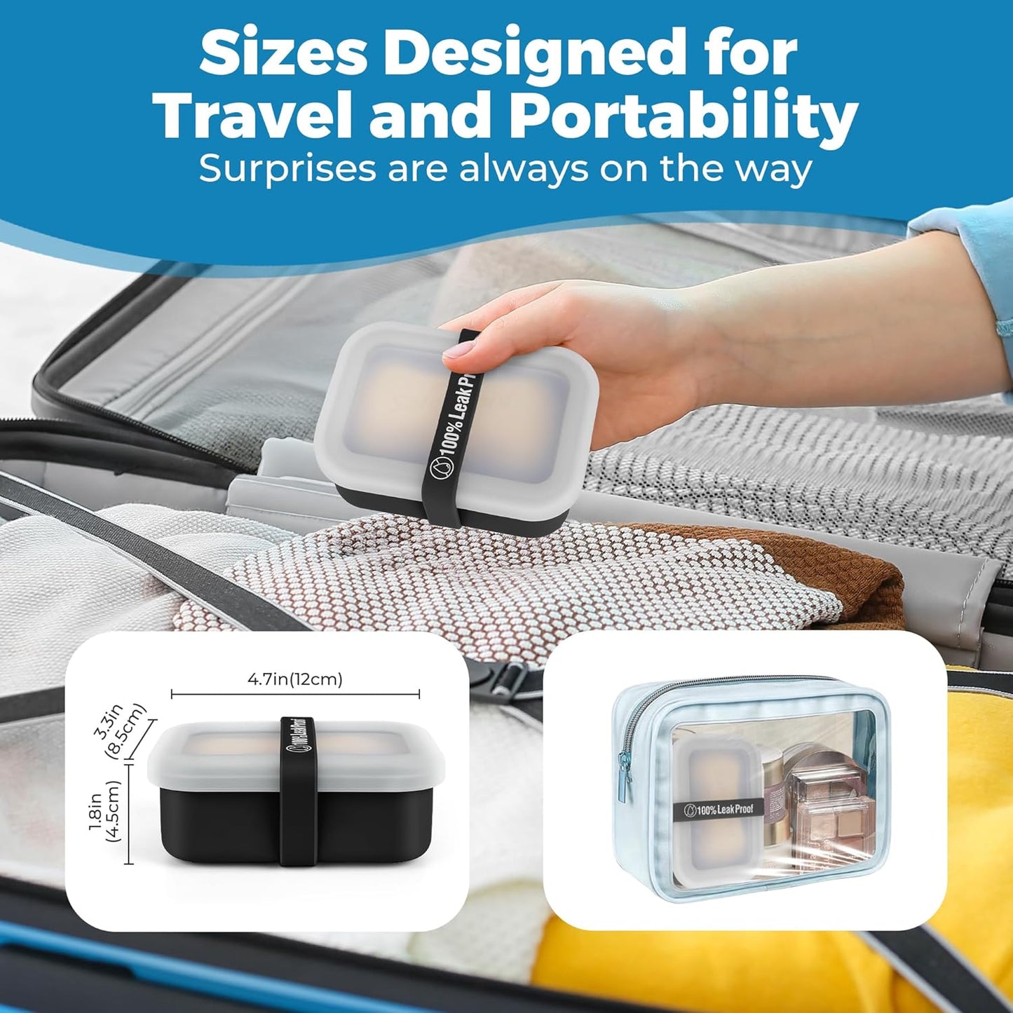 Compact Leakproof Travel Soap Case with Lid & Silicone Strap - Portable Draining Soap Bar Holder for Gym, Bathroom, Camping - Lightweight Silicone Soap Dish Container (Black)