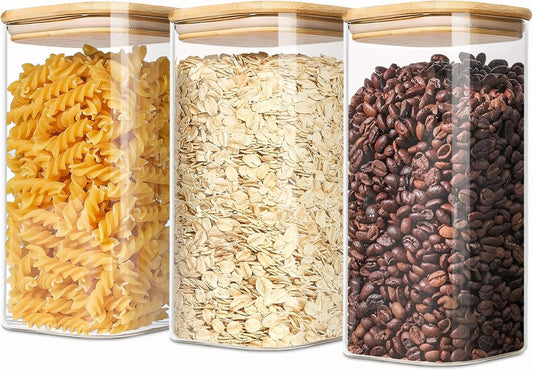 1.6 Qt Square Glass Storage Containers with Lids, Clear Food Storage Container Jar with Sealing Bamboo Lid for Noodles Flour Cereal Rice Sugar Tea Coffee Beans (Square-3Pack)
