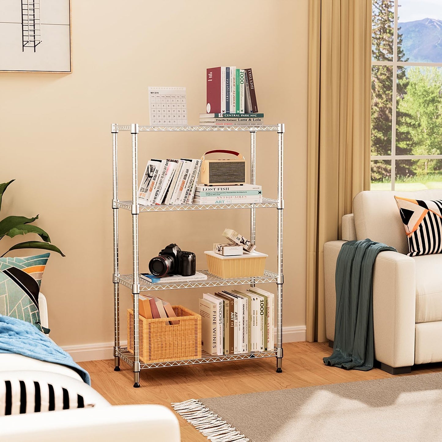 5-Shelf Storage Shelves,Wire Shelving Heavy Duty Metal Storage Shelving Unit Adjustable Garage Shelving Rack Pantry Kitchen (Chrome, 4 Tier,15.8" D x 45.3" W x 59.4" H)