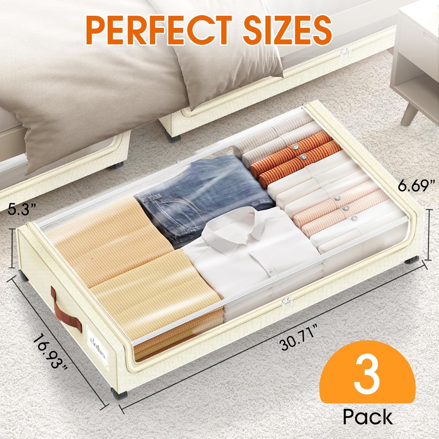 Under Bed Storage with Wheels 3Pack Underbed Storage with Clear Window&Label Under Bed Drawers Large Capacity Rolling Under Bed Storage for Clothes,Shoes, Blankets (Beige)