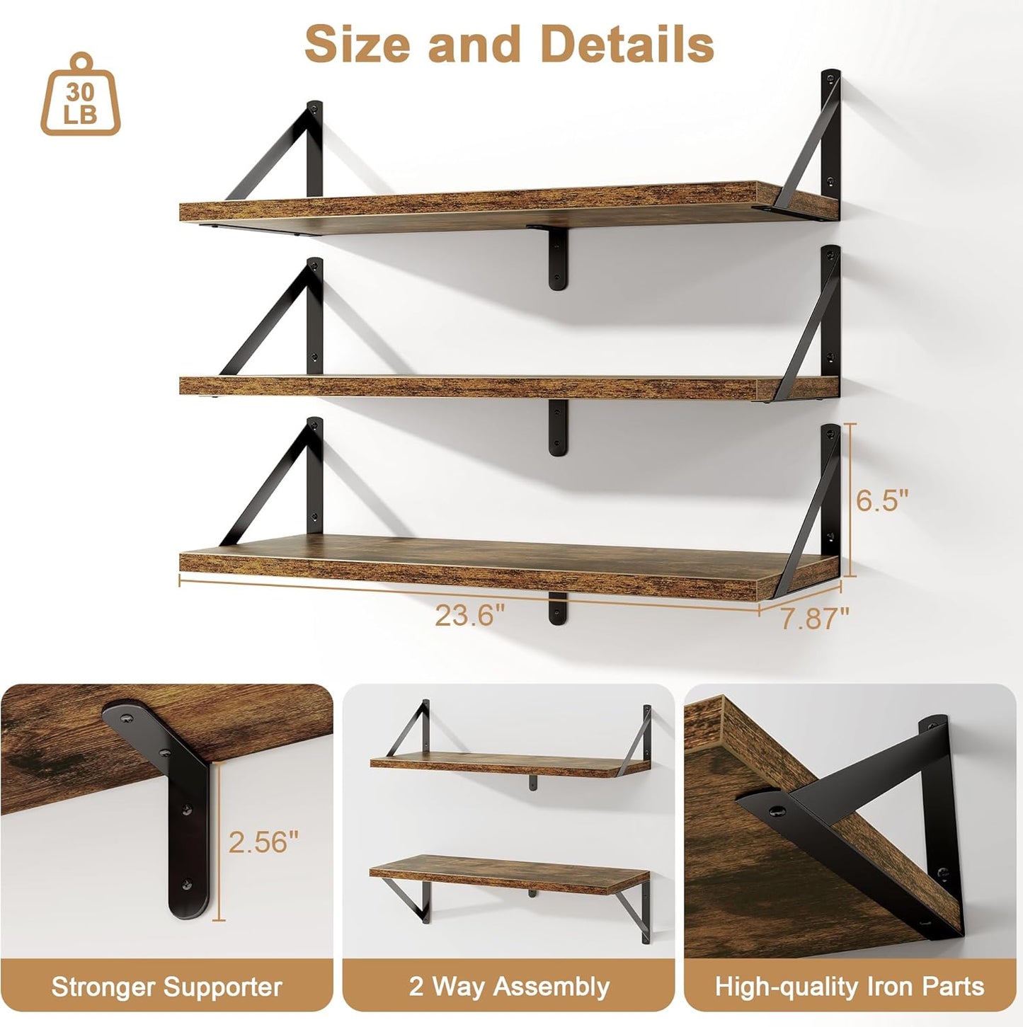 Fun Memories Floating Bookshelves, Set of 3 Wall-Mounted Wood Shelves 24" W x 8" D, Decorative Wall Shelf for Living Room, Bedroom, Bathroom, and Laundry Room (Rustic Brown)