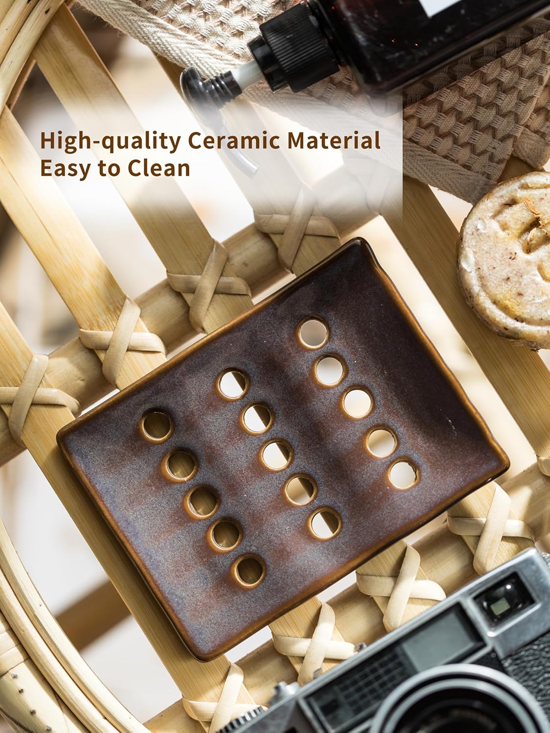 Soap Holder, Ceramic Soap Dish for Shower, Japanese Soap Tray with Self Drain for Sponges, Bath Tub, Bathroom, and Kitchen Sink, Purple