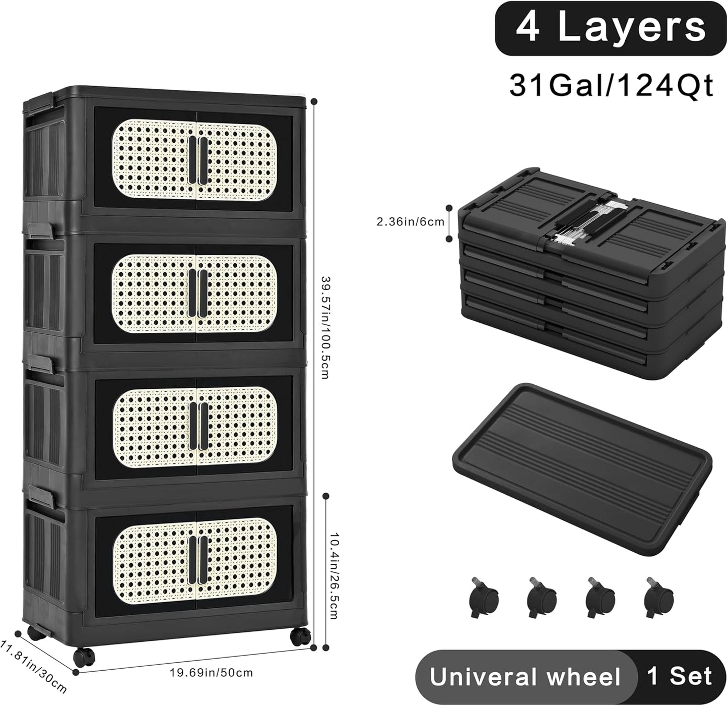 Holaki 156 QT Storage Bins with Lid, 4 Tiers Collapsible Plastic Storage Bins Storage Cabinet Box with Wheels and Magnetic Door for Home Closet Organizers(Retro Black)