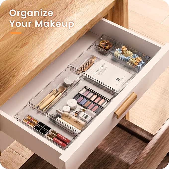 A-LuGei Drawer Organizer, Bathroom Organizers and Storage, Makeup organizer, Desk drawer organizer, Storage Bins for Kitchen Office Bedroom Vanity Jewelry Pantry Garage, 4Size, Clear