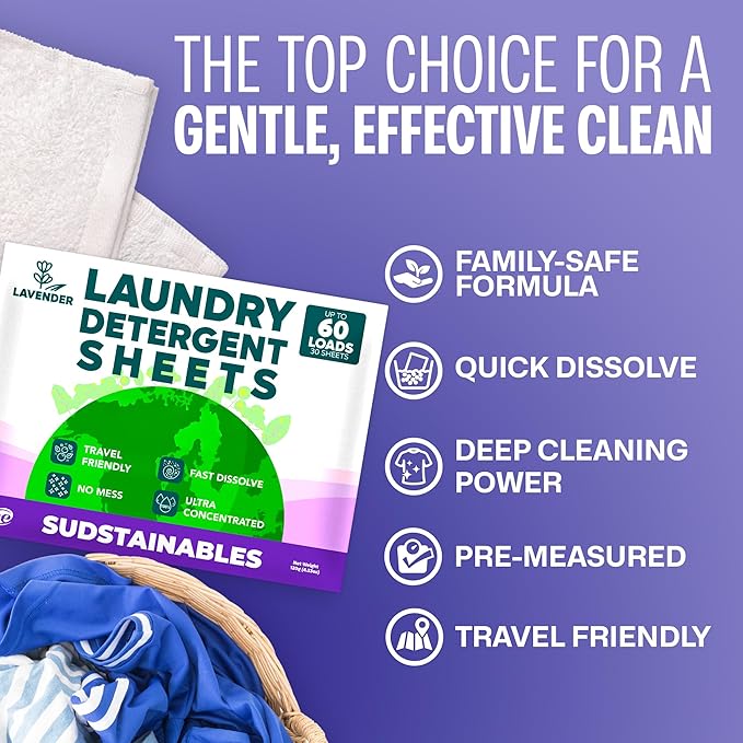 Sudstainables Laundry Detergent Sheets 60 Loads – Dissolvable Laundry Sheet for Washing Machines, Compact Alternative to Liquid & Powder Detergent, Travel-Friendly Soap | Lavender