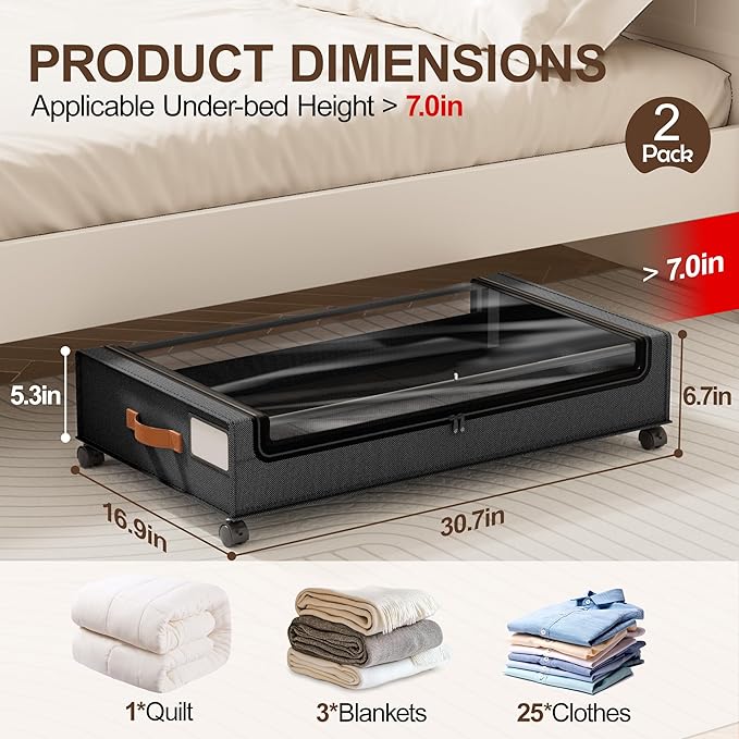 LAMU 2 Pack Under Bed Storage with Wheels, 60L Large Lapacity UnderBed Storage Containers with Clear Lid and Handles, Under the Bed Storage Bins Drawers for Clothes, Blankets, Shoes, Books, Black