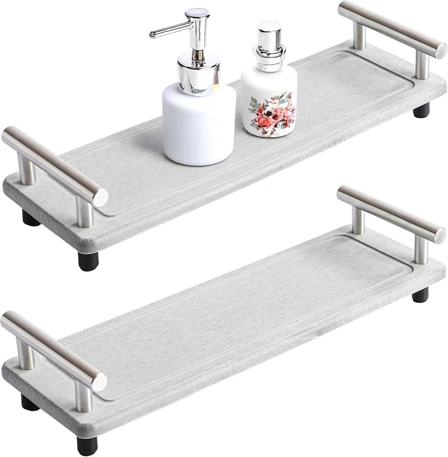 2PCS Instant Stone Drying Tray for Bathroom Kitchen, Bathroom Counter Decoration, Quick Dry Stone Sink Tray, Fast Drying Sink Caddy, Water Absorbing Sink Caddy (Light Grey & Silver Handle, Small)