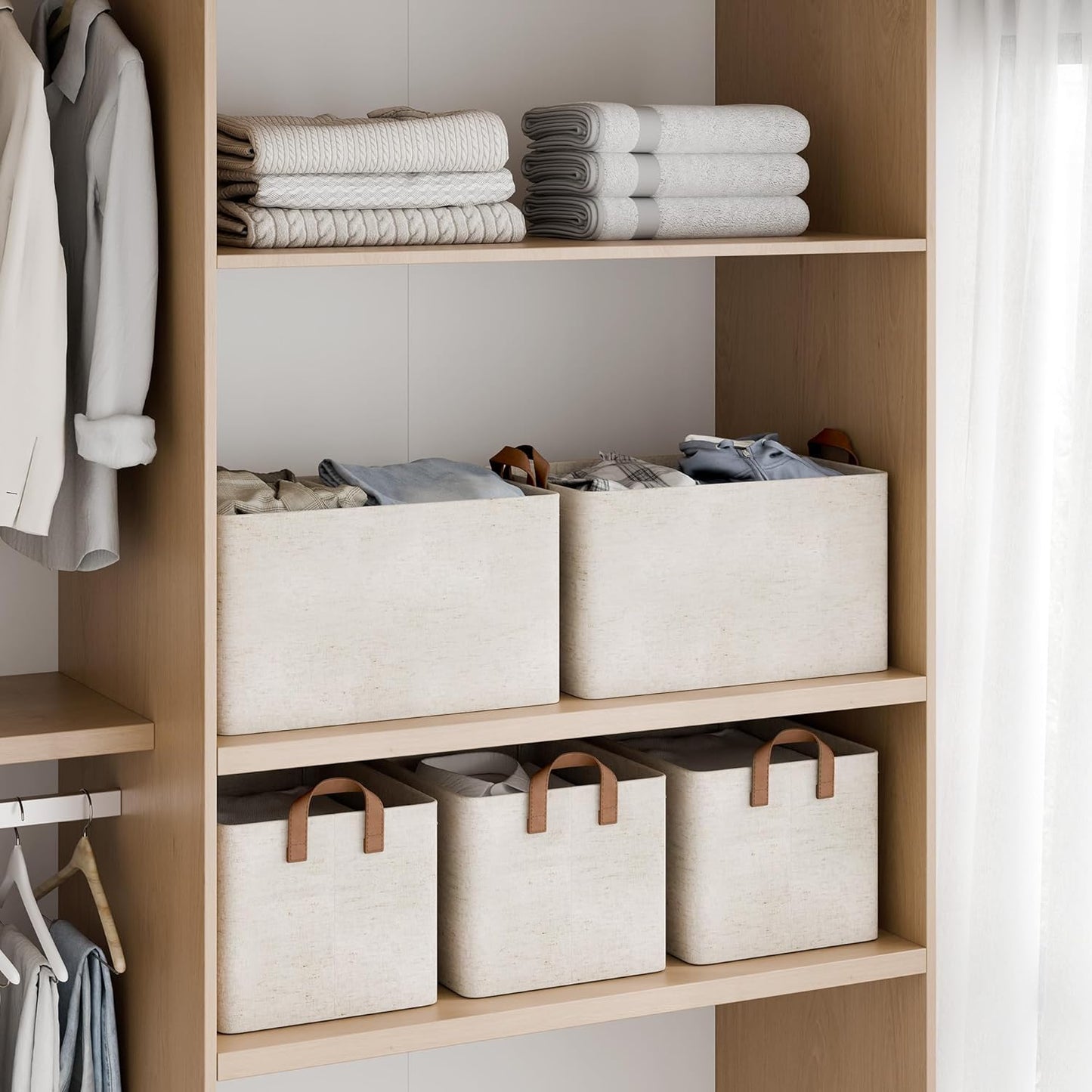 StorageWorks Storage Bins, Shelves Baskets for Organizing, Fabric Closet Organizers with Handles, Metal Frame, Beige（Cotton-linen）, 2-Pack