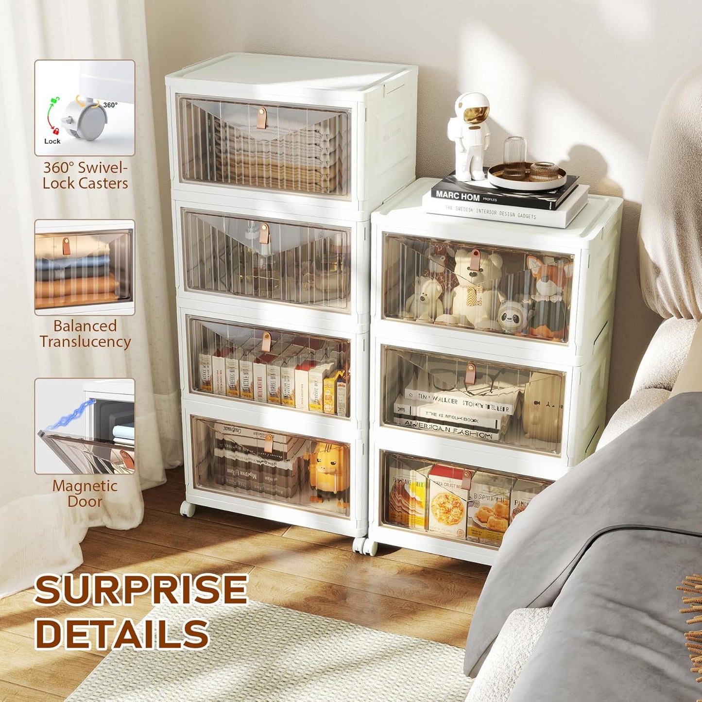 4 Tier Storage Bins with Lids, 23QT Stackable Closet Organizers and Storage with Wheels, Collapsible Storage Boxes, Foldable Plastic Storage Containers for Home,Office, Dorm Room-White