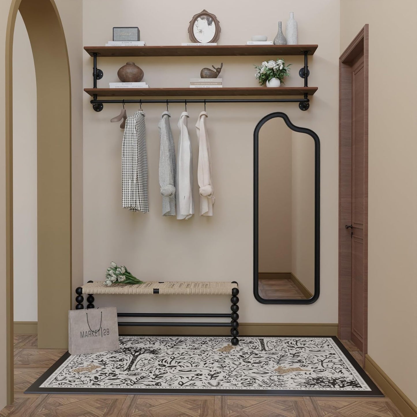 Clothes Rack 55in, 2-Tier Wall Mounted Garment Rack with Real Wood Shelf, Heavy Duty Hanging Clothes Rack, Multi-Purpose Hanging Rod, Space-Saving Closet Storage