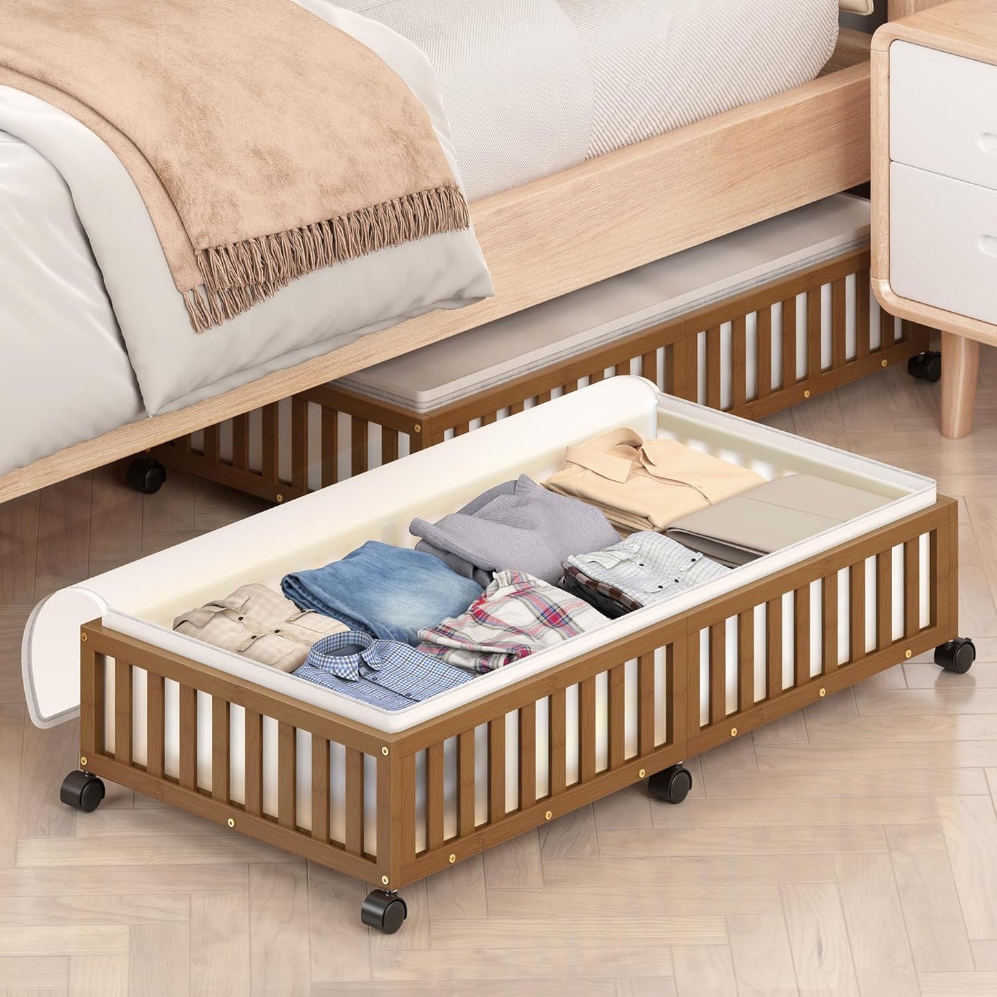 Bamboo Under Bed Storage Containers with Wheels, 2 Pack Large Under the Bed Shoe Storage Bins, Wood Rolling Underbed Drawers Organizer for Bedroom Closet Clothes Blanket Under Crib Toy Walunt