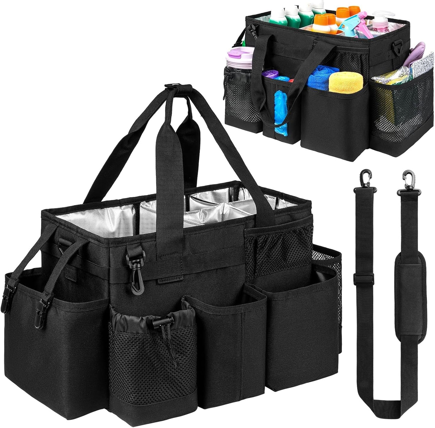 Cleaning Caddy Bag, Cleaning Supplies Organizer for Housekeepers, Housekeeping Caddy with Handle and Detachable Padded Cushion, Black