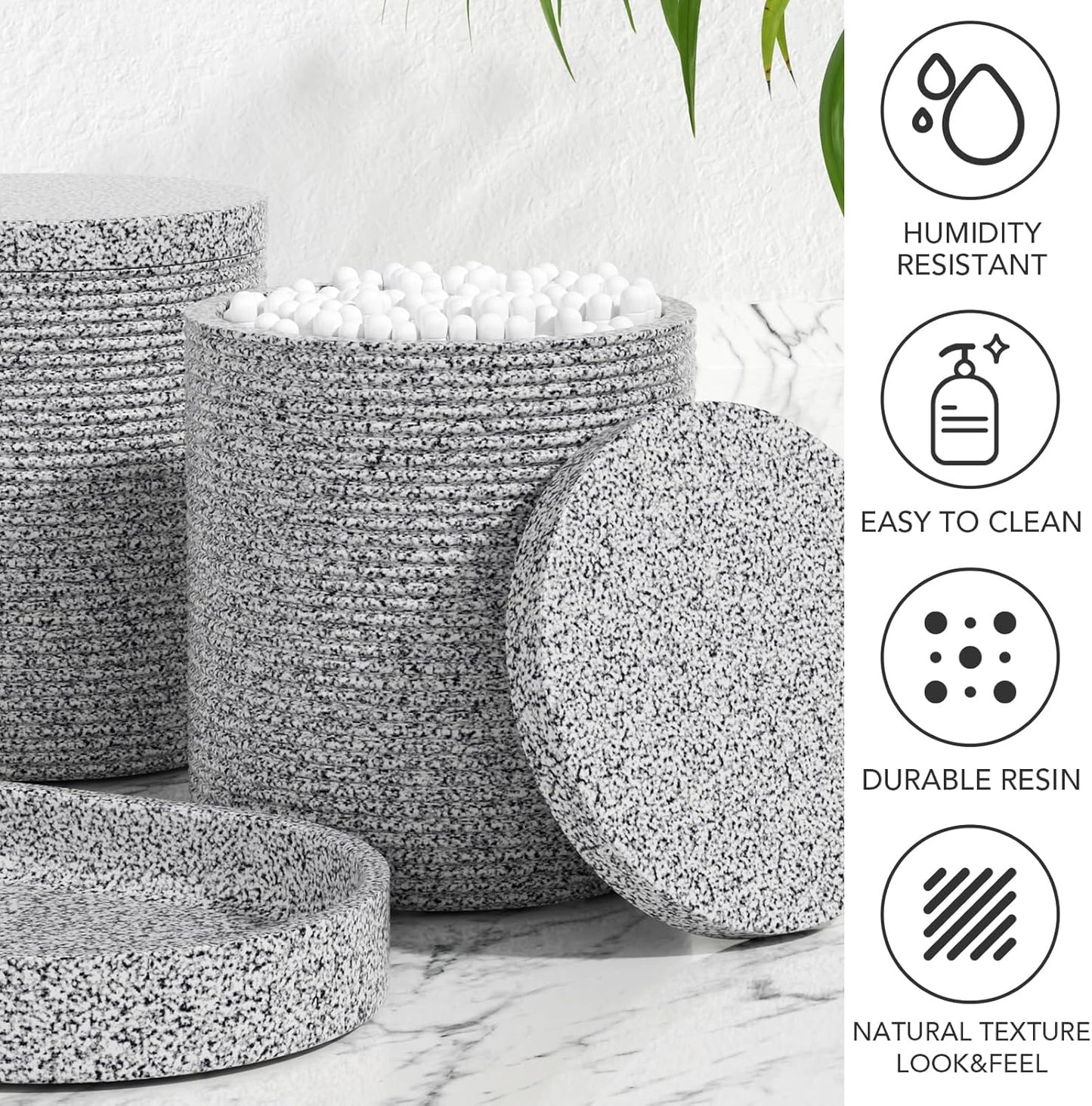 6-Piece Bathroom Accessory Set Resin, Gray Bath Accessories Complete with Toothbrush Holder, Lotion Soap Dispenser, 2 Qtip Holders,Vanity Tray,Bathroom Tumbler - Countertop Vanity Organizer