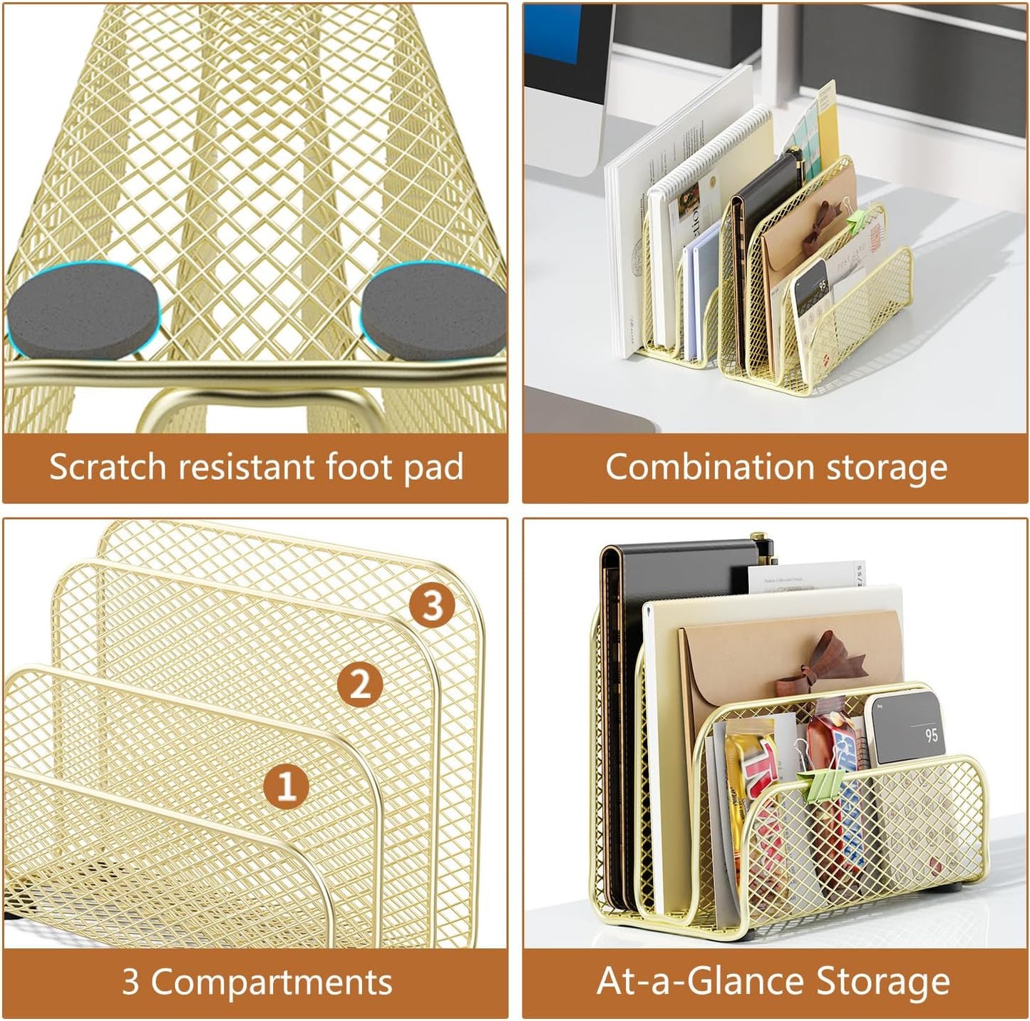 gianotter Mail Organizer Countertop, Metal File Holder with 3-Slot, Gold Desk Accessories for Office (Gold)