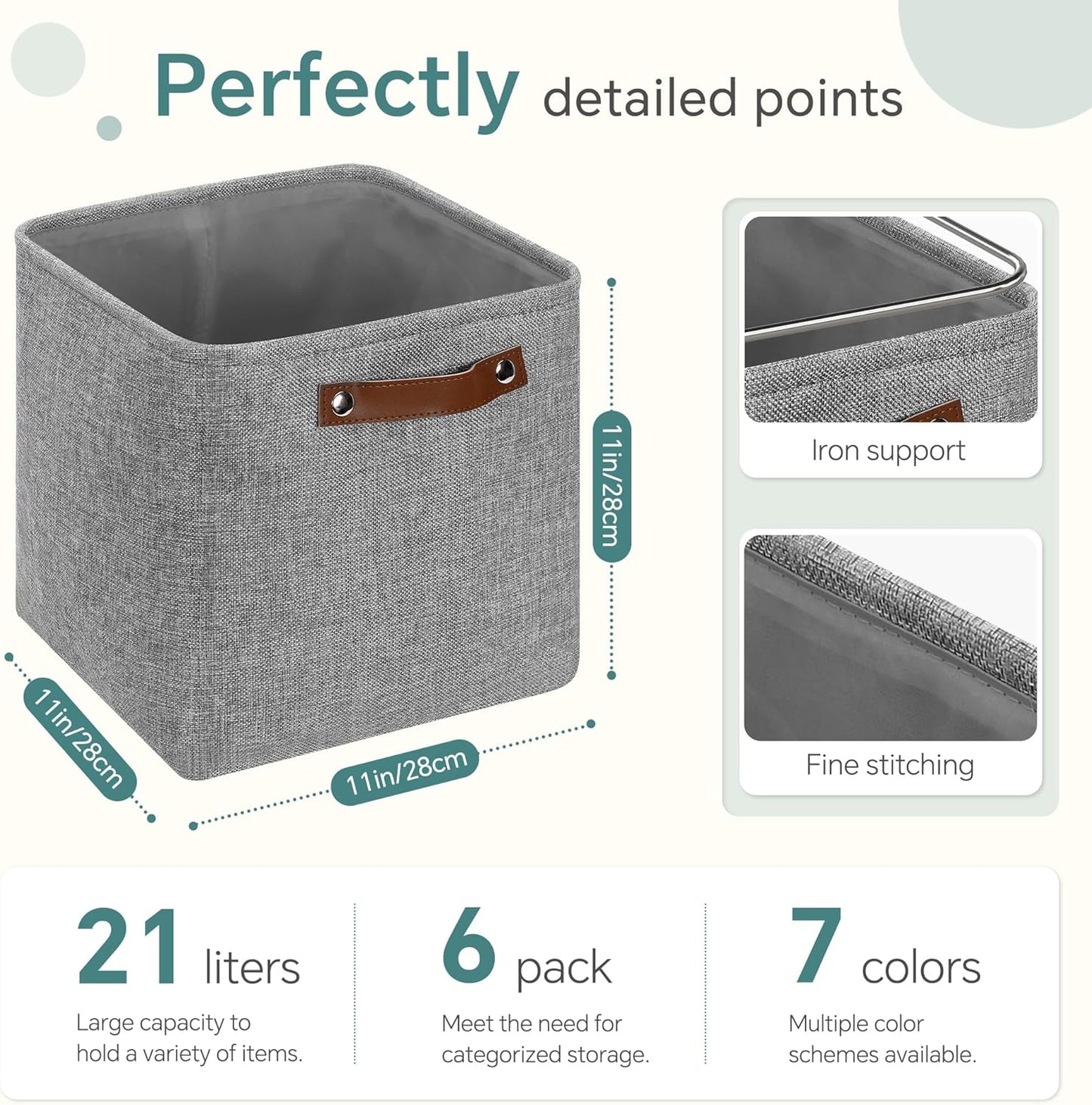 Cube Storage Baskets 6 Pack, 11x11 inch Foldable Cube Storage Bins with Leather Handles for Shelf Closet Nursery Toys (Gray)