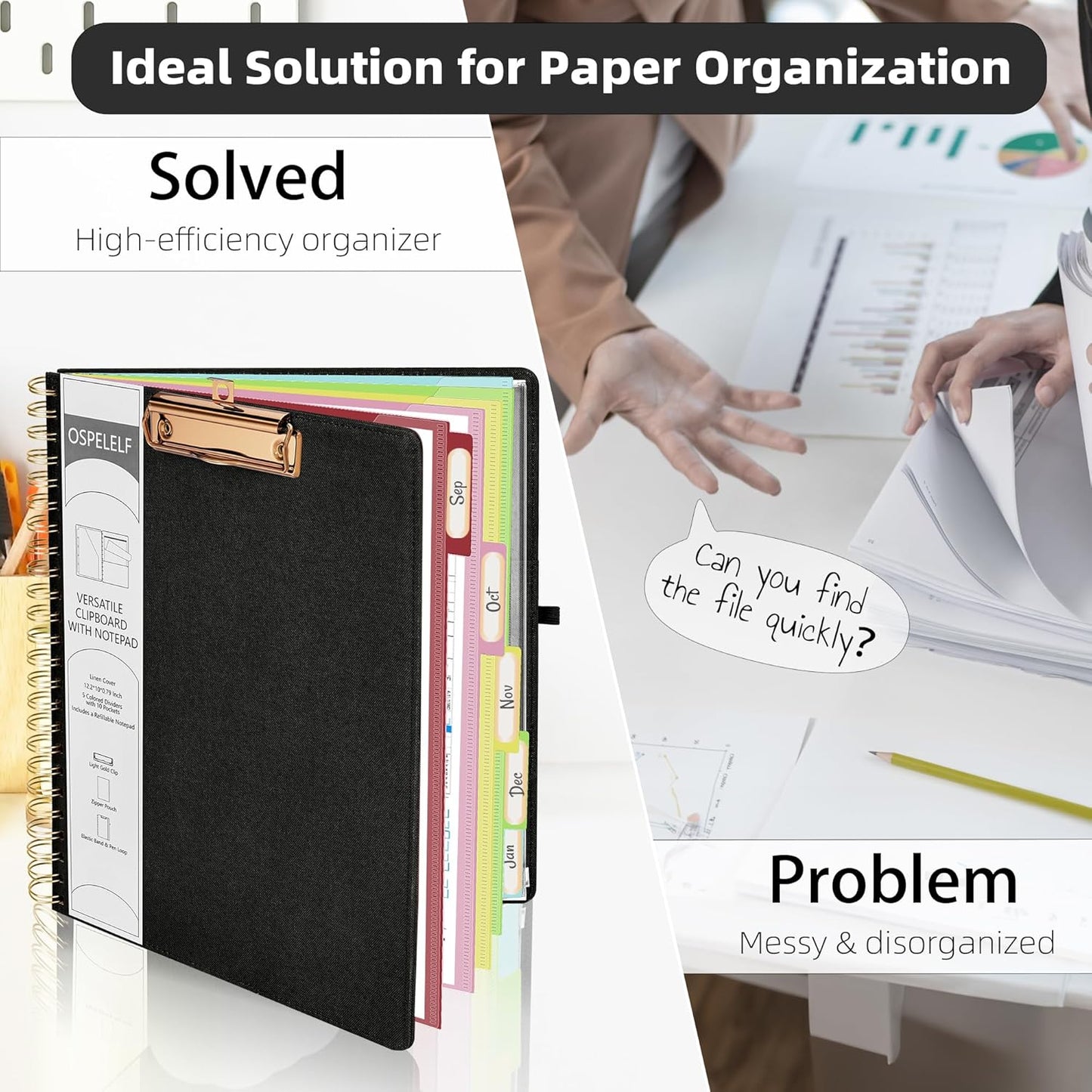 Ospelelf Black Foldable Spiral Clipboard Folio with Storage Zipper Pouch, 5 Plastic Folders with 10 Pockets,Refillable Lined Notepad (11" x 8.5"), Hardcover Project Organizer with 39 Stickers