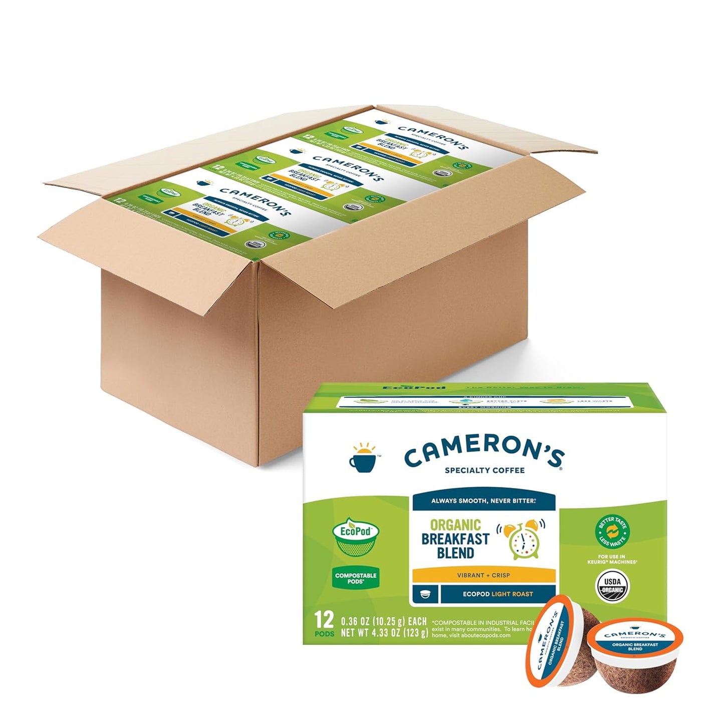 Cameron's Coffee Organic Breakfast Blend Single Serve Pods, 12 Count, 4.33 Ounce (Pack of 6)