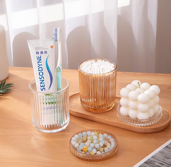 2 Pack Glass Qtip Holder Dispenser Set - Bathroom Organizer for Cotton Swabs, Balls, Pads, Floss Picks - Clear Apothecary Jars for Vanity, Makeup Storage, Bathroom Accessories Decor (Clear)