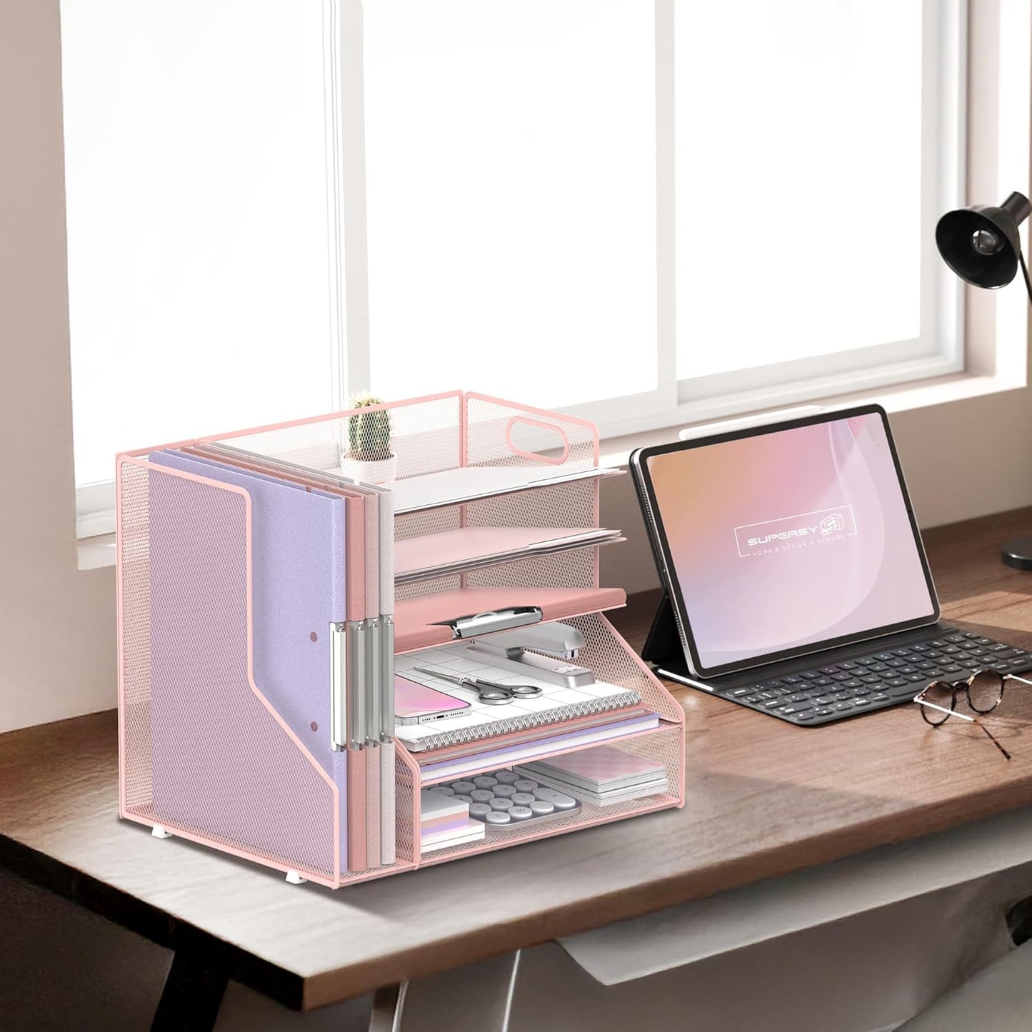 SUPEASY Desk Organizer with File Holder, 5-Tier Mesh Paper Letter Tray with Magazine Holder, Desktop Organizer and Storage for Desk Accessories Office Supplies, Pink