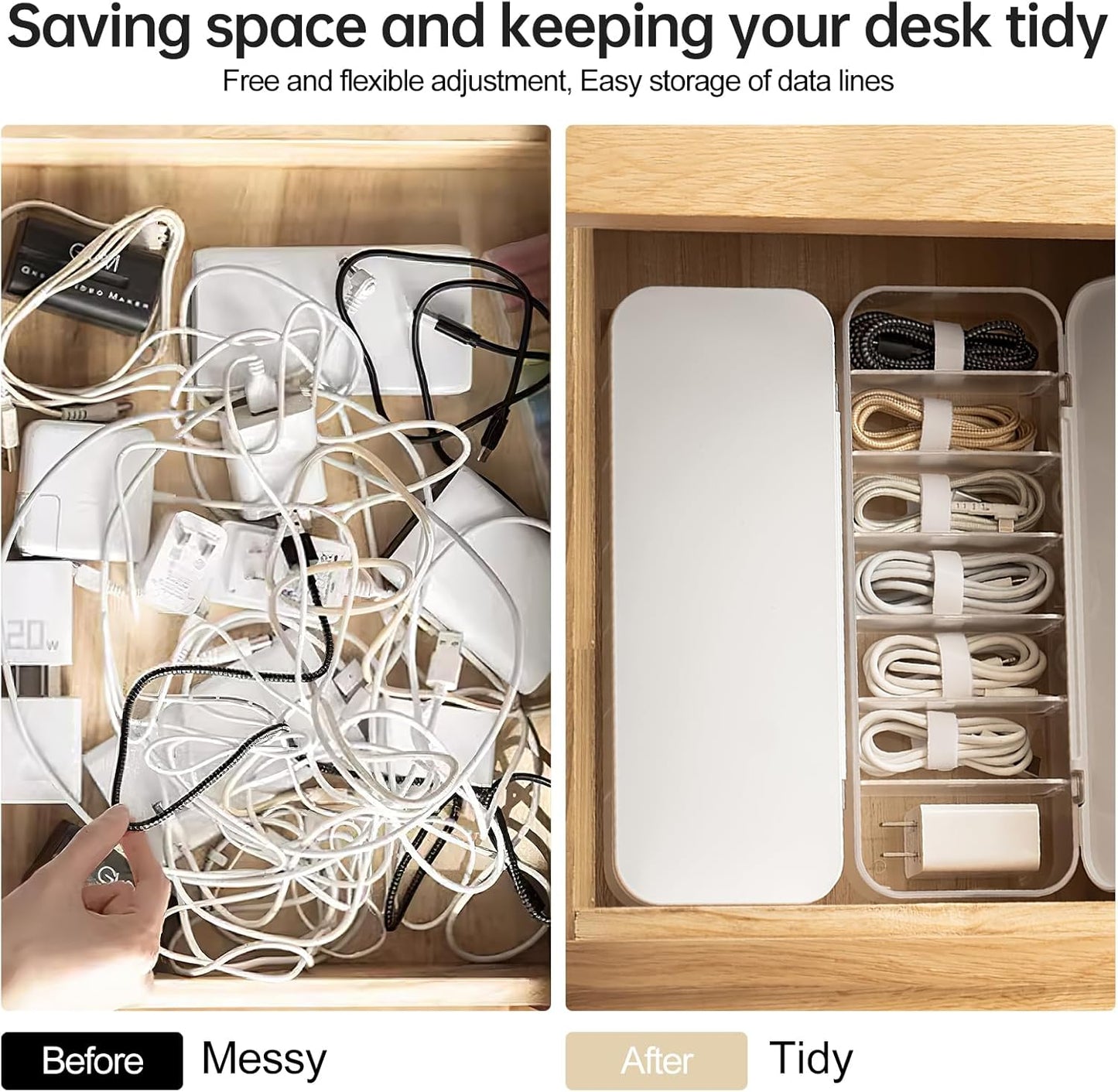 Cable Organizer Storage Box with 7 Wire Ties,Desktop Cable Management Box with Lid,Power Cord Organizer with 7 Compartments for Office,Home,Desk Accessories Storage Stationery Supplies White