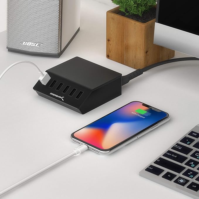 SABRENT Premium 60 Watt (12 Amp) 6 Port Aluminum Family Sized Desktop USB Rapid Charger.[UL Certified ] Smart USB Charger with Auto Detect Technology [Black] (AX-FLCH-B)