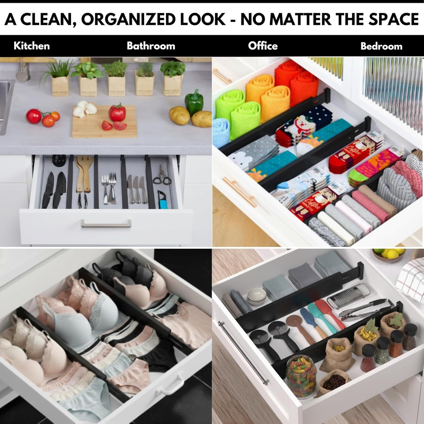 6-Pack Adjustable Bamboo Drawer Dividers, Expandable to 11.8-17.1 in with Center Lock & Non-Slip Pads, Spring-Loaded Kitchen Drawer Divider Organizer for Dresser, Bathroom, and Office