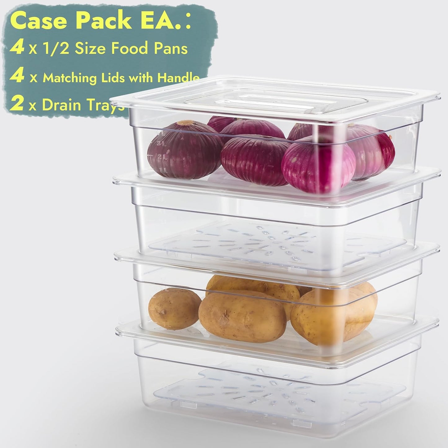 CURTA 4-Pack 1/2 Size 4" Deep NSF Polycarbonate Food Pans with Handled Lids & Drain Trays | Dishwasher & Freezer Safe Clear Container for Prep Tables, Buffet, Salad Bar, Commercial Kitchen