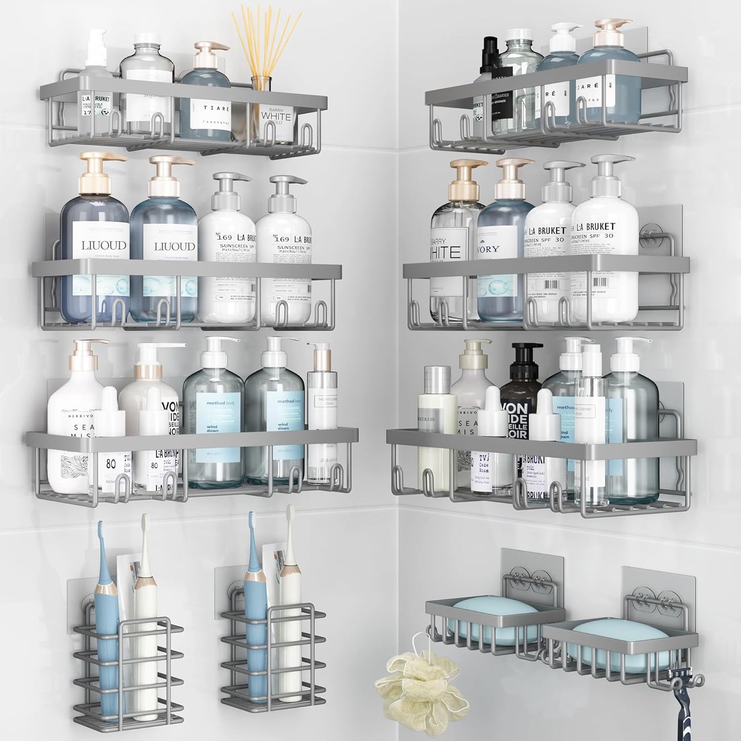 10 Pack Shower Caddy Organizer Rack Shelf for Inside Shower, Self Adhesive Wall Storage Basket Rustproof Stainless Steel Shampoo Holder Bathroom Accessory Decor Set, Grey