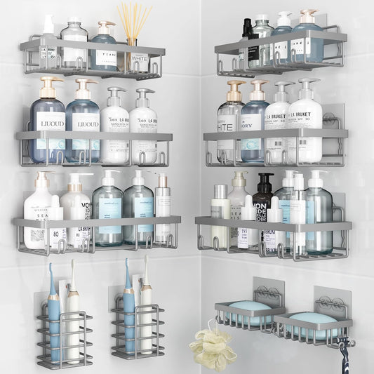 10 Pack Shower Caddy Organizer Rack Shelf for Inside Shower, Self Adhesive Wall Storage Basket Rustproof Stainless Steel Shampoo Holder Bathroom Accessory Decor Set, Grey