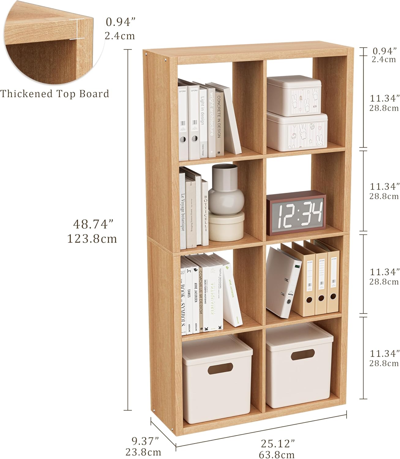 Cube Storage Organizer Bookcase, Decorative 11 inch Open Back Cubical Shelf with Thickened Border, Display Bookshelf for Living Room, Home Office, Sturdy Room (Natural Oak, 8 Cube)