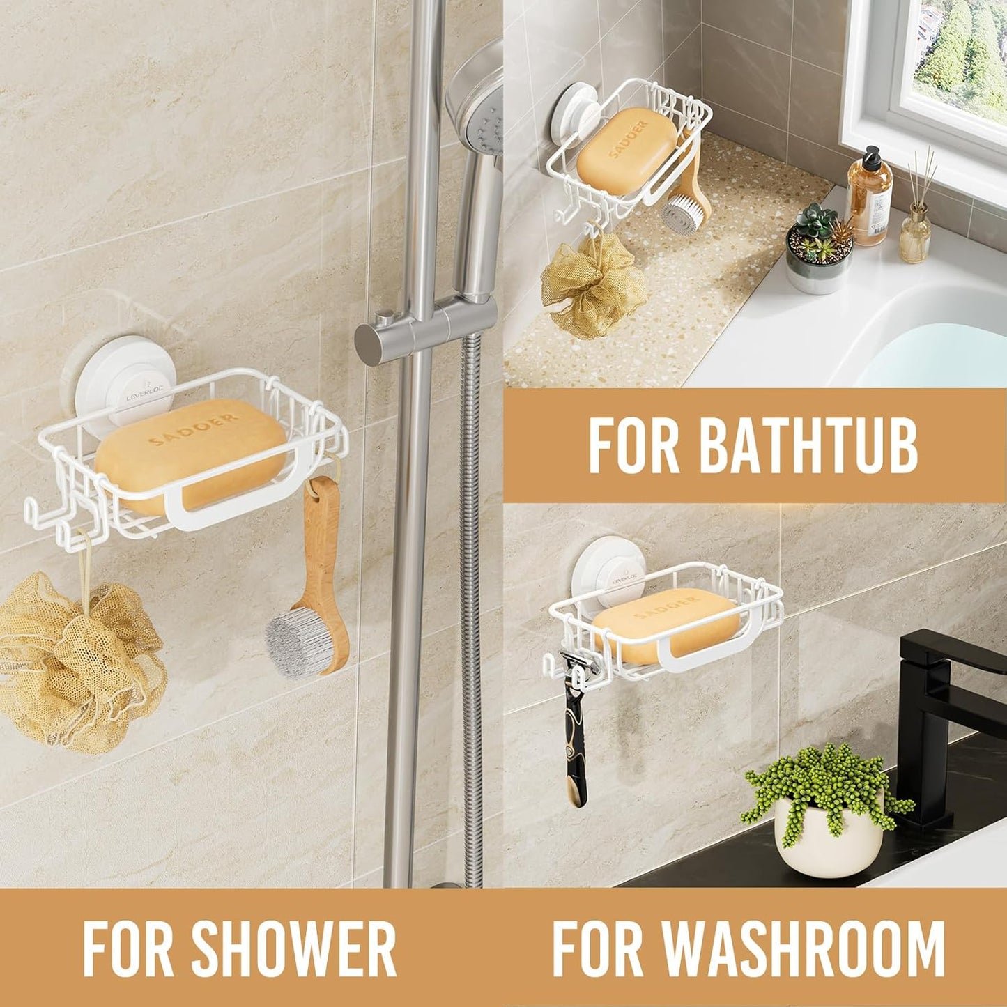 LEVERLOC Soap Holder Dish with Hooks for Shower, Bar Suction Cup Soap Tray Wall Mounted, Rustproof Stainless Steel Sponge Holder Caddy for Bathroom Bathtub Kitchen Sink, White