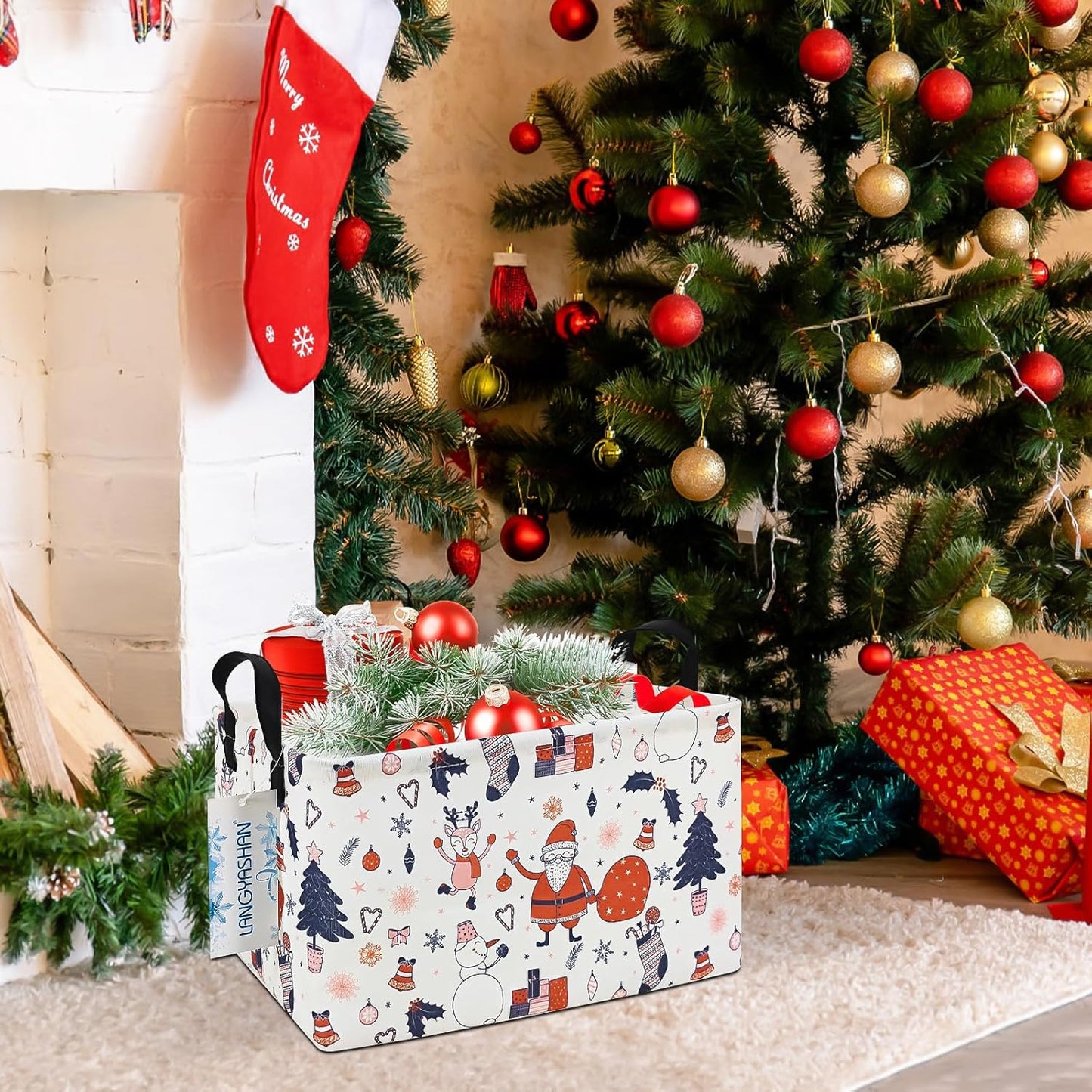 LANGYASHAN Rectangular Christmas Santa Claus Storage Basket with Handles for Organizing Home Kitchen Boys and Girls Toys Office Closet Shelf Baskets (Rec Santa Claus)