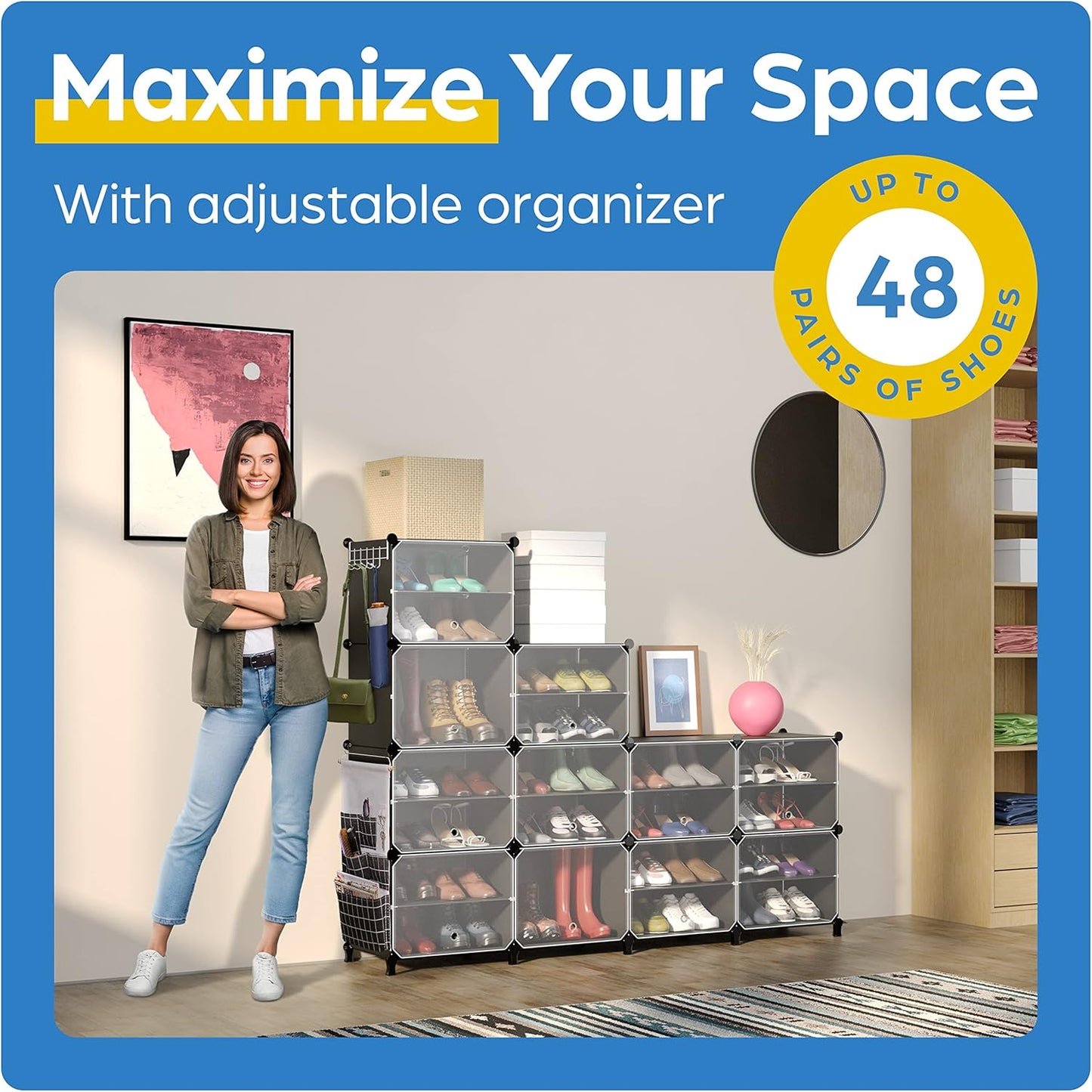 Shoe Organizer Cabinet Up to 48 Pairs, Shoe Closet-Covered Shoe Rack with See-Through Door (Clear, Plastic, Stackable) Cubby Portable Shoe Organizer with Covers, Hooks & Pockets, Black