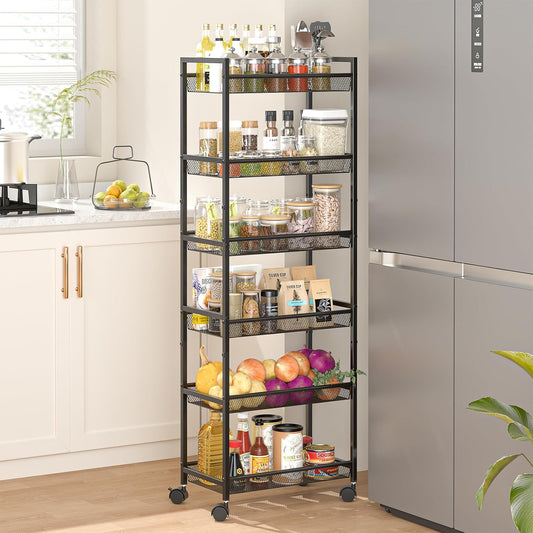 6 Tier Slim Rolling Storage Cart, Narrow Mobile Shelving Unit Organizer Utility Cart with Wheels, Metal Wire Storage Rack with Baskets for Kitchen, Bathroom, Laundry & Living Room, 10in(W)