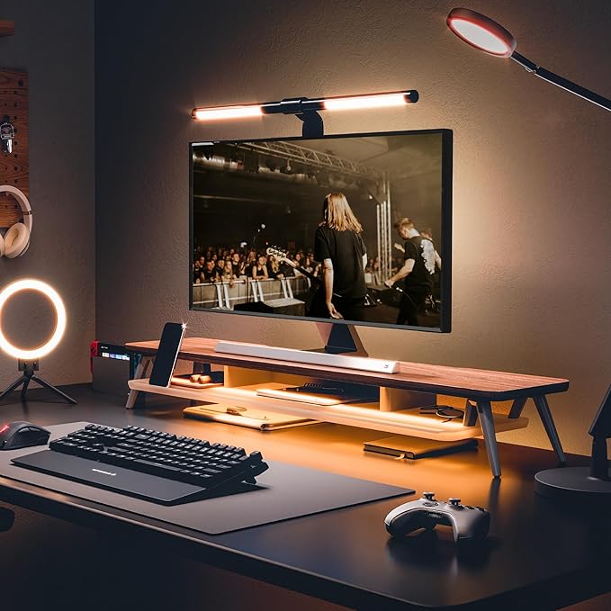 Fenge Dual Monitor Stand, 2 Tiers Acrylic Monitor Riser with LED Lights, 42.5 Inch Wood and Aluminum Desk Shelf with Phone and Tablet Holder