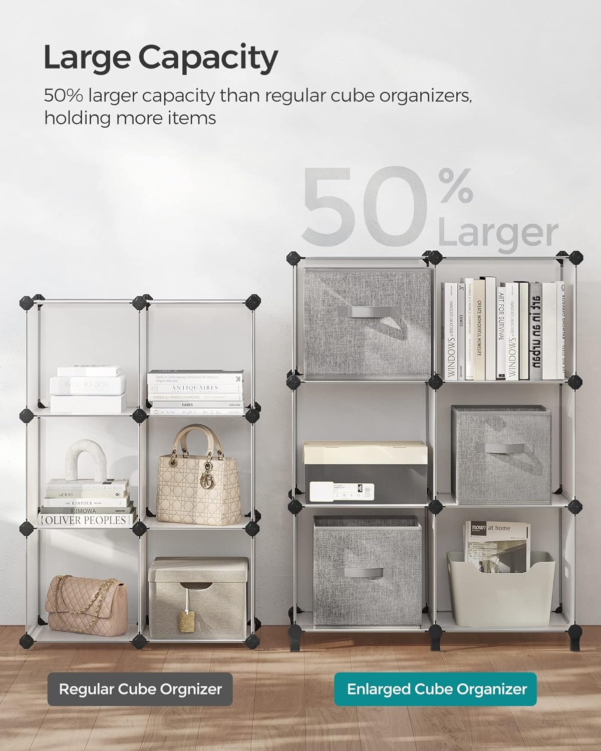SONGMICS 6 Cube Storage Organizer, Modular Bookshelf, DIY Closet Organizers and Storage, Plastic Stackable Shelves, 14.6 x 13 x 13 Inch Cubes, with Feet and Rubber Mallet, White ULPC206W01