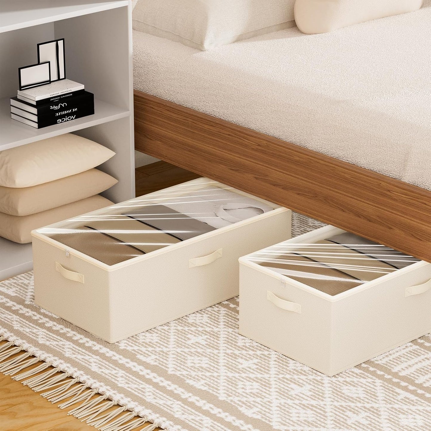 2 Pack Under Bed Storage Containers, 10 Inch Tall Underbed Clothes Storage Organizer Bin with Clear Window，Foldable Box Basket for Clothes, Closet, Bed Sheets and Blankets Beige