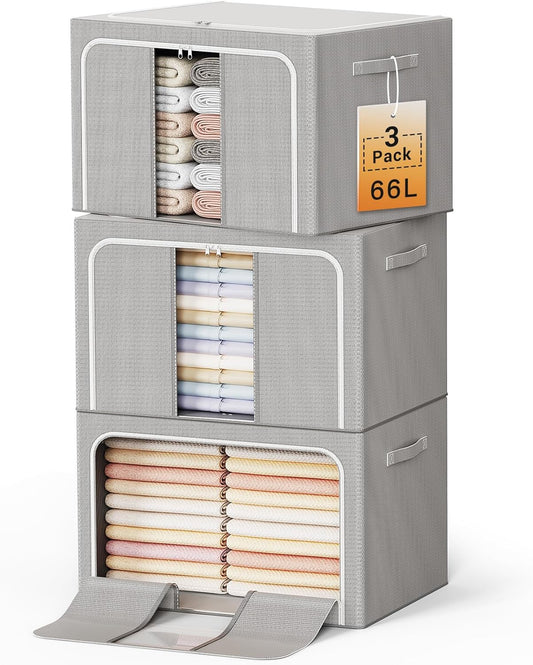 Clothes Storage Bins with Metal Frame Foldable Storage Box Clothes Organizers Storage Containers for Clothes Sheets Blankets Books Toys Gifts and Holiday Decorations (66Lx3 Pack)