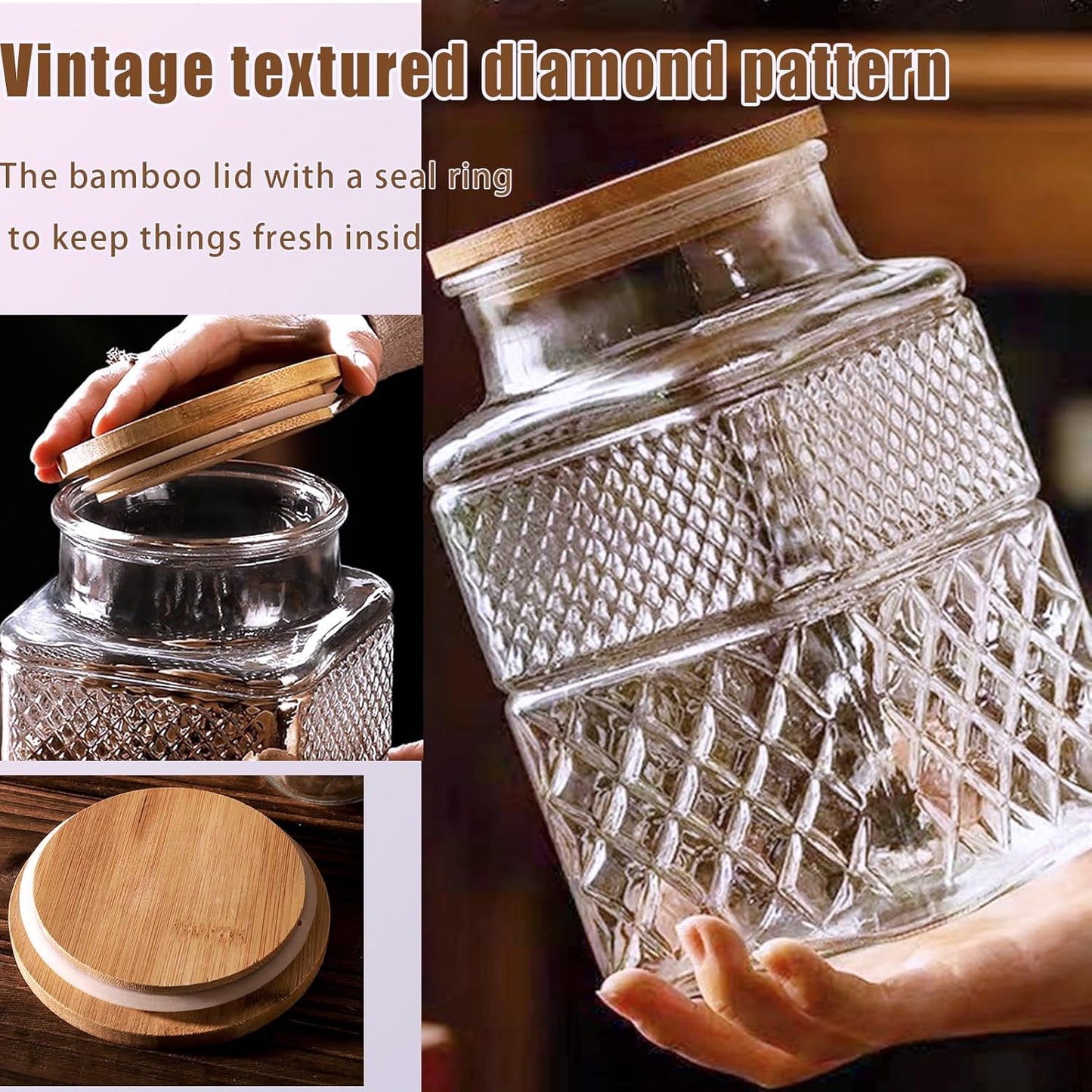 60 OZ Vintage Glass Jar with Lid Wood Spoon Set of 2 Decorative Glass Storage Jars Airtight Lids Clear Canister Container for Food Candy Cookie Sugar Coffee Bean Tea Nuts Snack Dog Treat Vase
