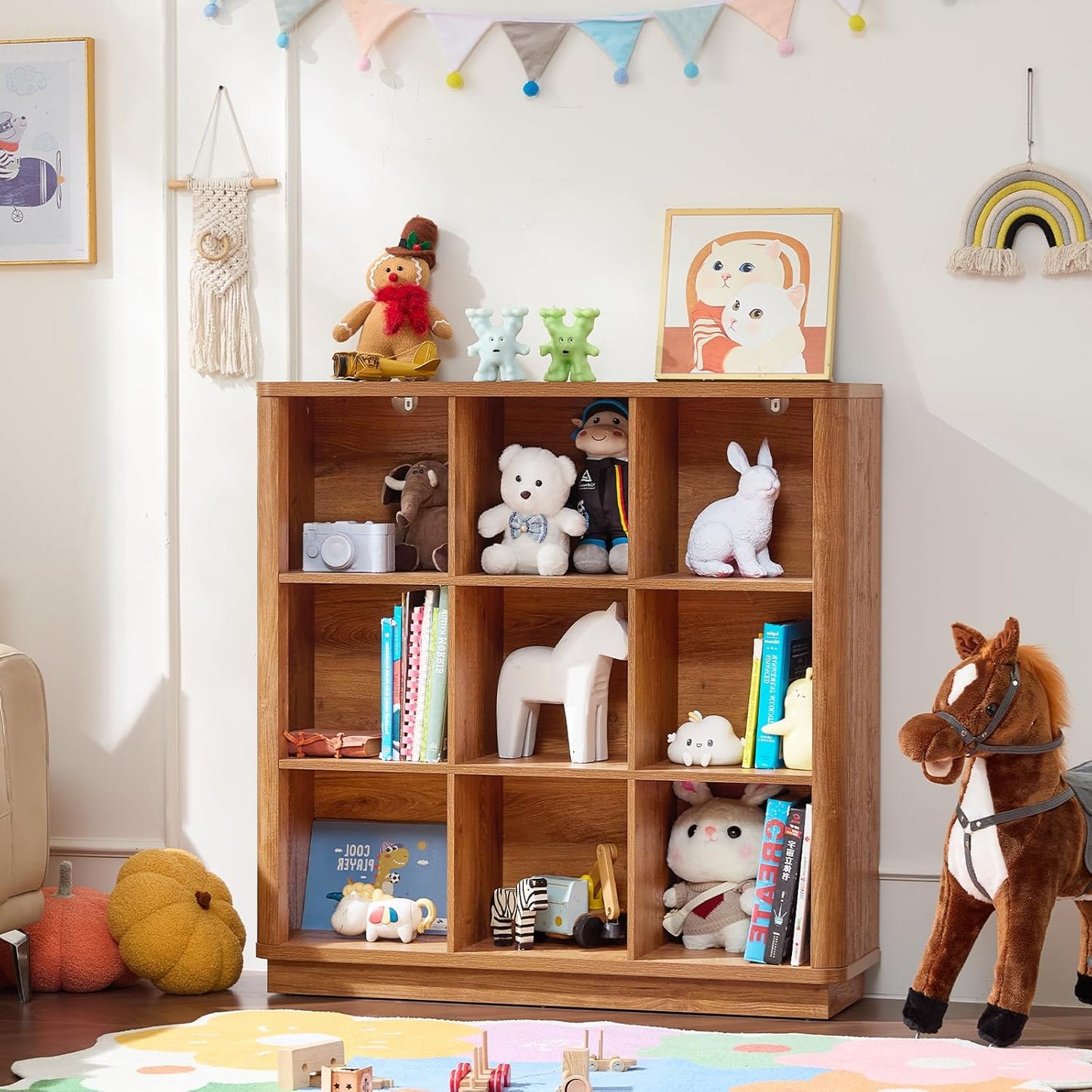 9 Cube Storage Book Shelf, 41" Tall Organizer Bookshelf with Curved Edge, Wood Floor Standing 3-Tier Cubby Bookcase with Base, Country Rustic Display Book Case for Library, Office, Brown