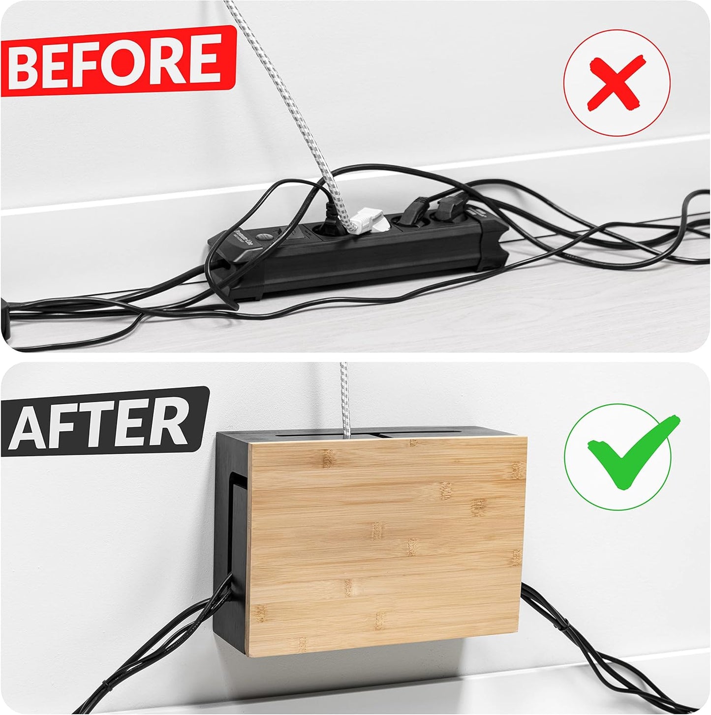 Bamboo Cable Management Box with Magnetic Lid & Ties - Elegant, Durable Cable Organizer to Hide Cords & Power Strip - Wall Mountable Box Hider for Home, Office, Desk & More (Black)