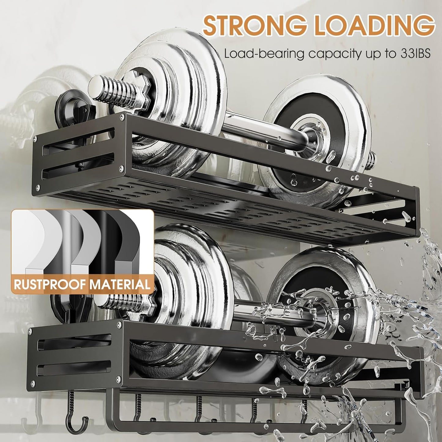 Shower Caddy Suction Cup, 11.8 inch suction shower shelf with Hooks NO-Drilling Bathroom Holder, Rustproof bathroom organizer, Dark Grey