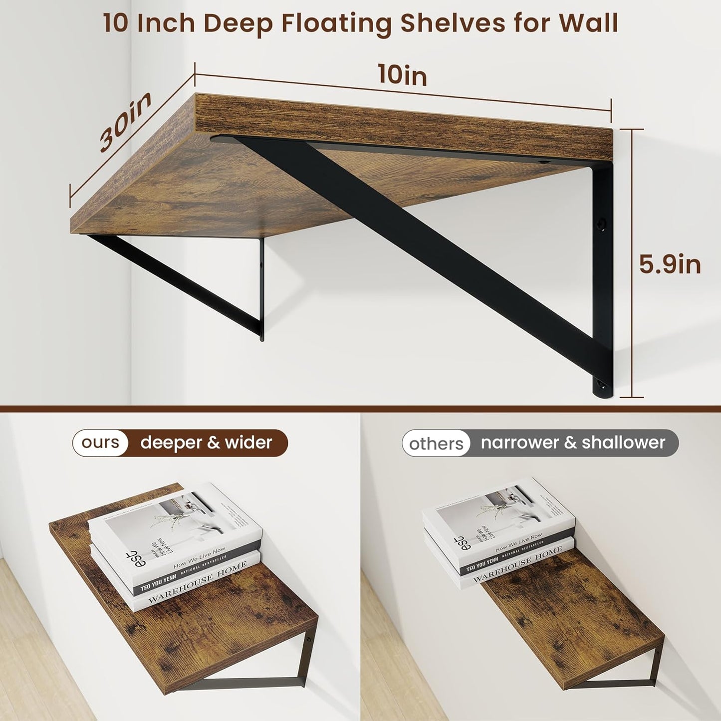 Axeman Deep Floating Shelves for Wall - 30 Inch Wide x 10 Inch Deep Floating Shelves Set of 2 -Rustic Wide Wall Shelves for Living Room Bathroom Bedroom