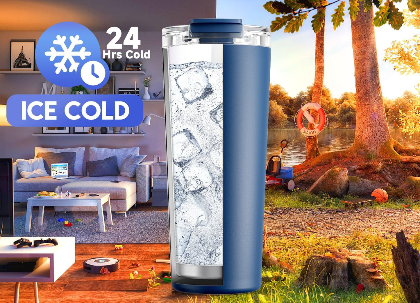 Meoky 24 oz Travel Coffee Mug with Leak-proof Lid, Stainless Steel Insulated Coffee Tumbler, Keeps Hot for 8 Hours or Cold for 24 Hours, Fits in Car Cup Holder (Sea)