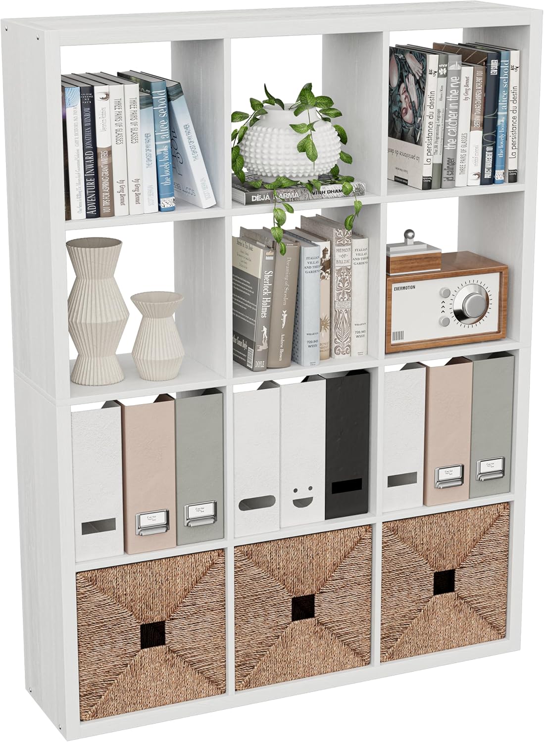 Cube Storage Organizer Bookcase, Decorative 11 inch Open Back Cubical Shelf with Thickened Border, Display Bookshelf for Living Room, Home Office, Sturdy Room (White, 12 Cube)