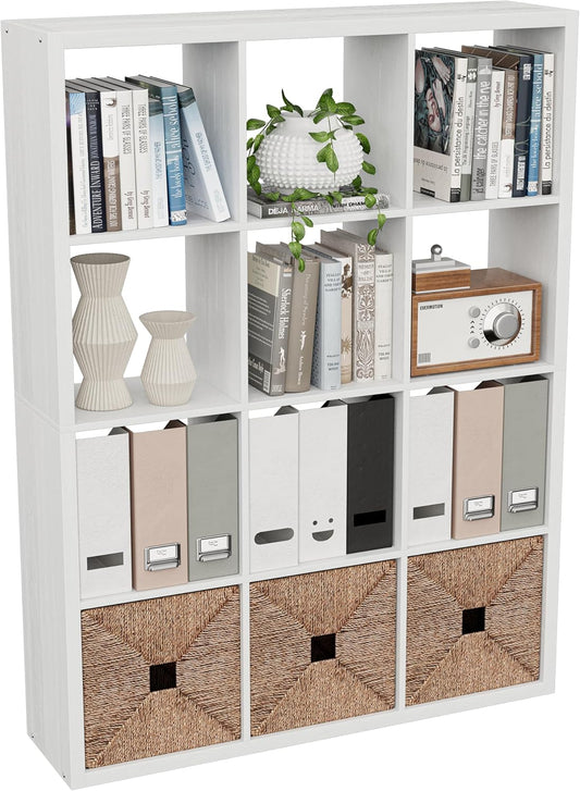 Cube Storage Organizer Bookcase, Decorative 11 inch Open Back Cubical Shelf with Thickened Border, Display Bookshelf for Living Room, Home Office, Sturdy Room (White, 12 Cube)