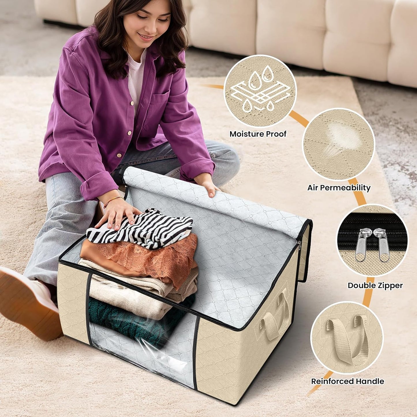 Fab totes 8 Pack Clothes Storage, Foldable Thick Fabric Blanket Storage Bags, Containers for Organizing Bedroom, Closet, Clothing, Comforter, Organization with Handle,Beige