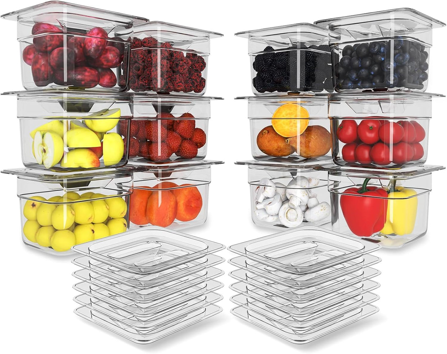 Plastic Clear Food Pan 1/6 Size Stackable Polycarbonate Pan with Capacity Indicator Restaurant Commercial Hotel Pans for Fruits Vegetables Beans Corns (12 PCS, 4'' Deep)